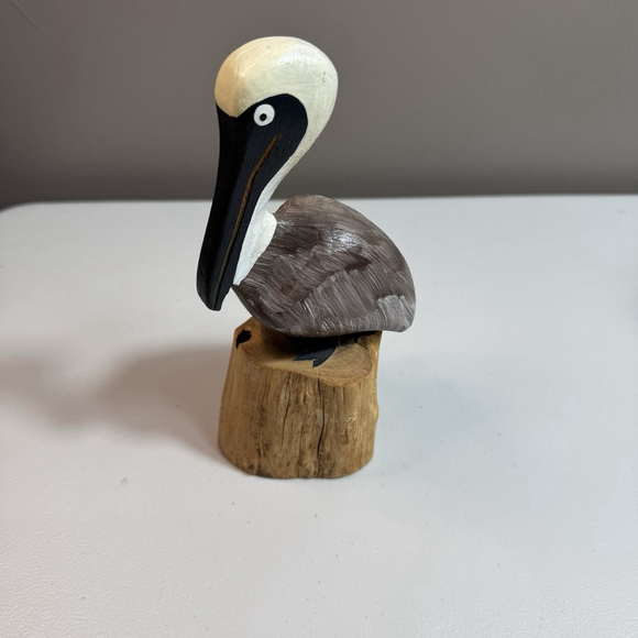 Unbranded Other - Hand Carved Wooden Pelican Figurine on Driftwood Base Coastal Nautical Decor